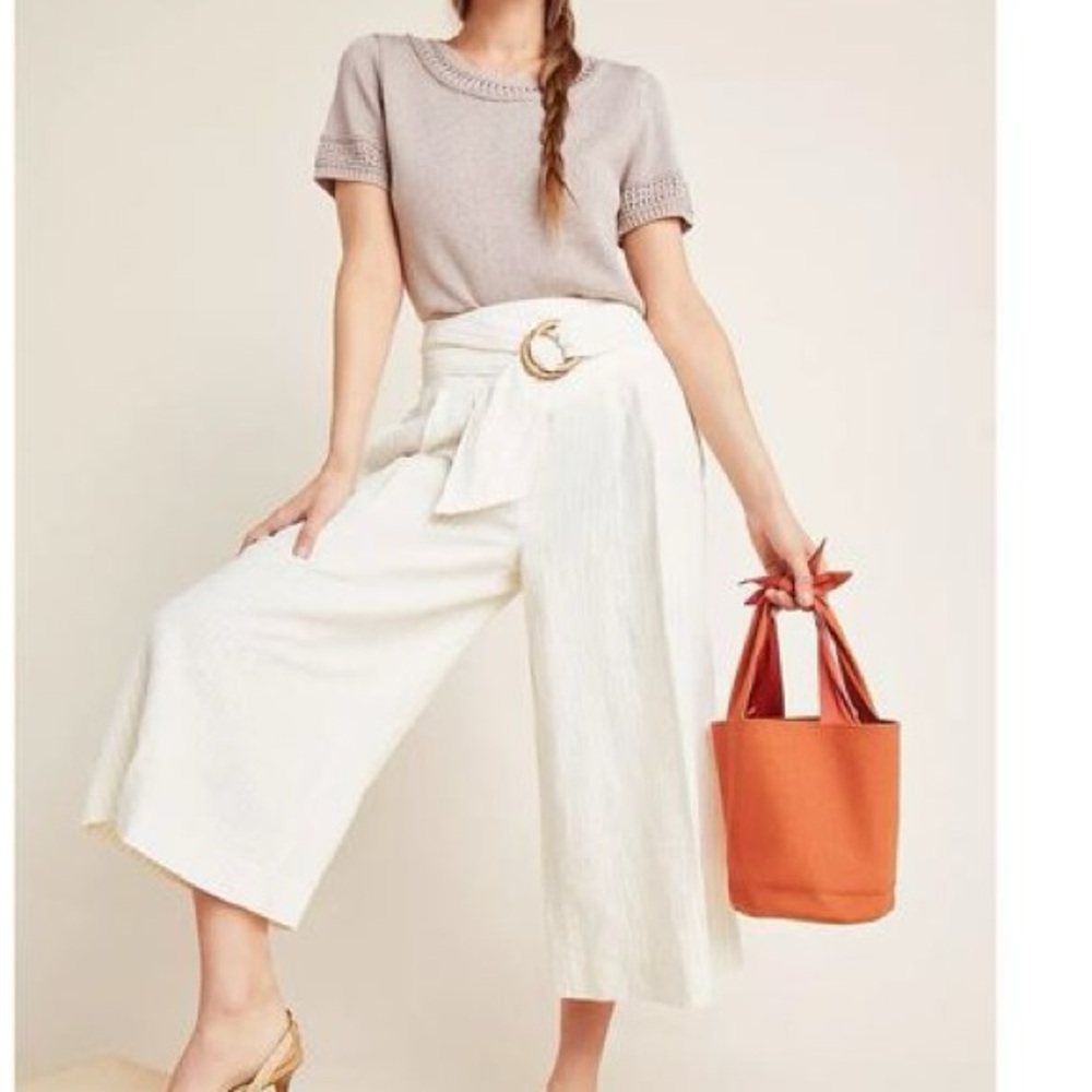 Anthropologie Palm‎ Beach Belted Pants linen wide leg crop
